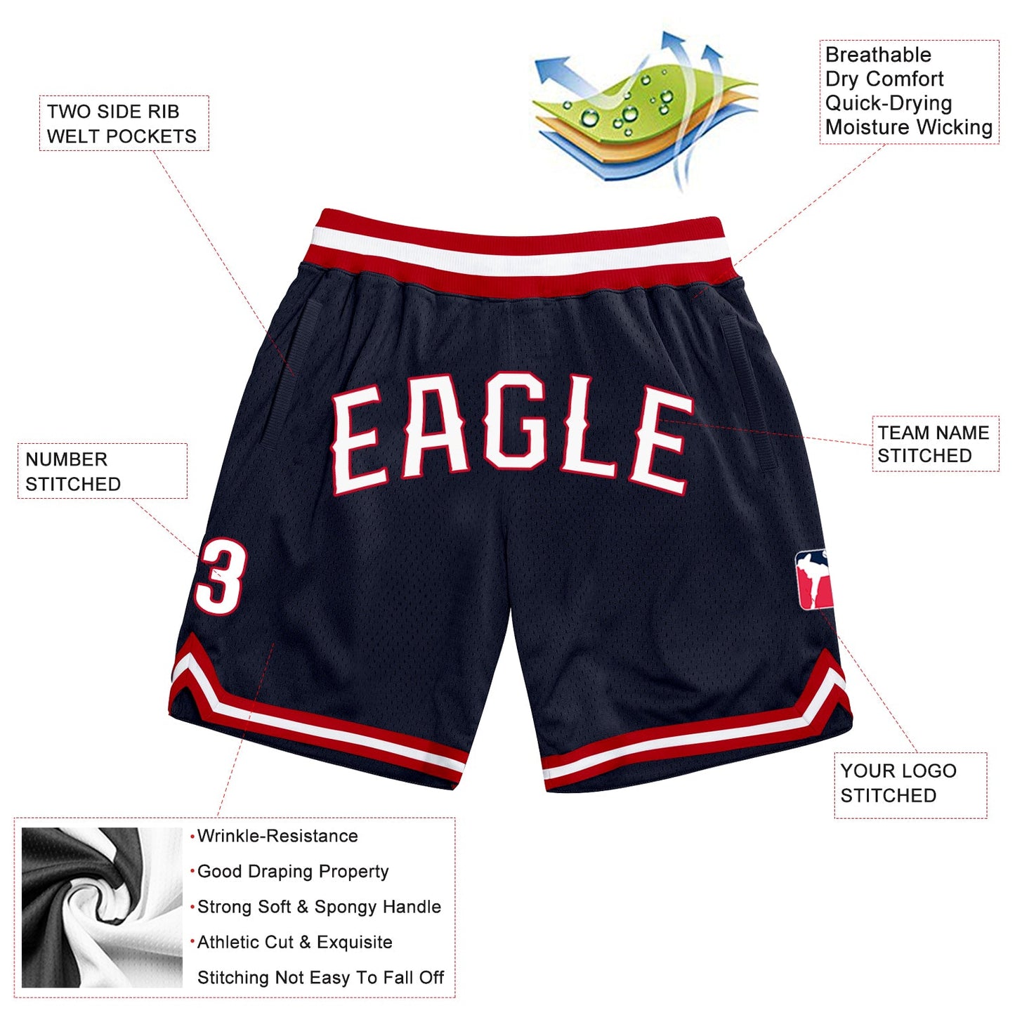 Custom Navy White-Red Authentic Throwback Basketball Shorts view 2