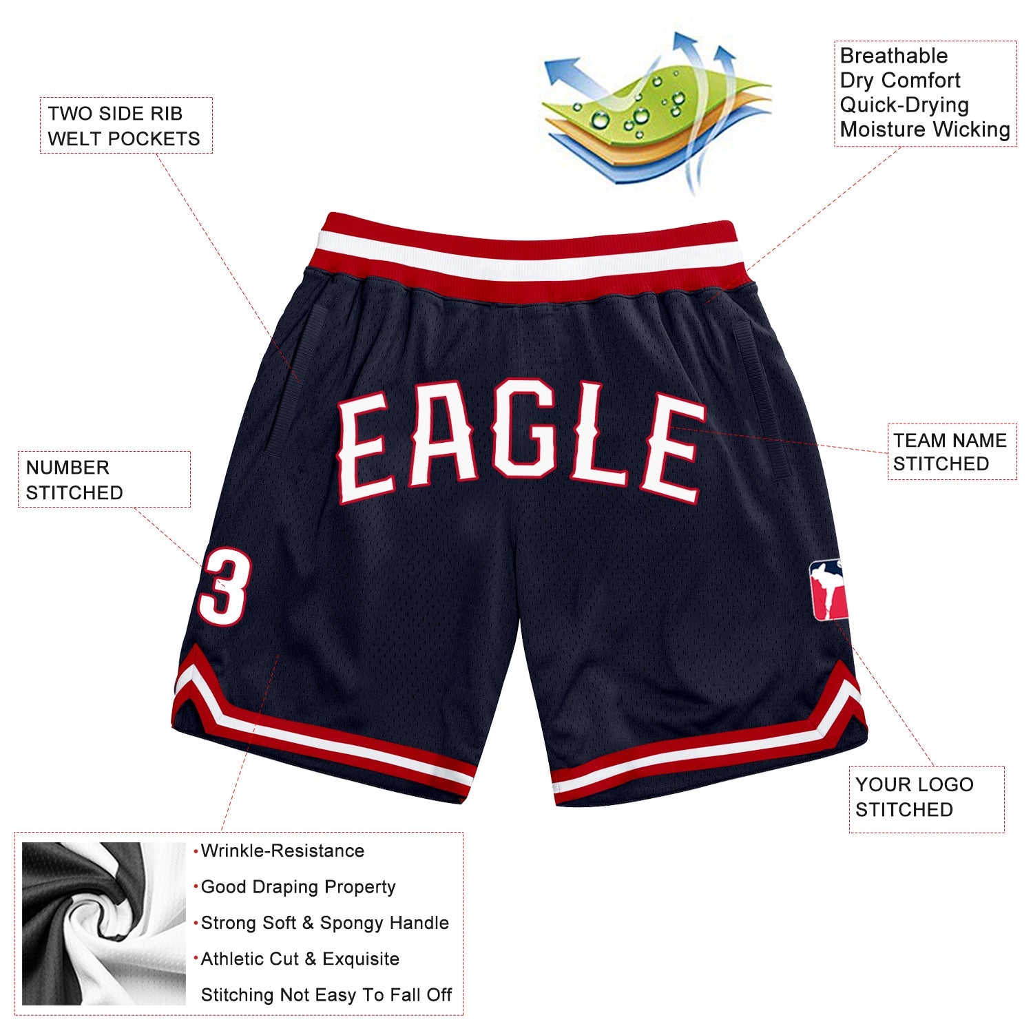 Custom Navy White-Red Authentic Throwback Basketball Shorts view 2