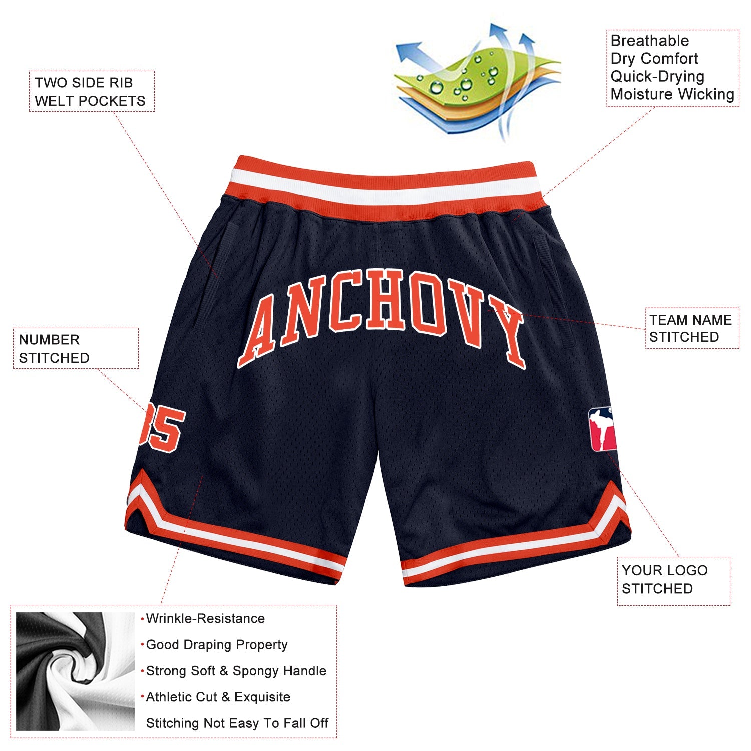 Custom Navy Orange-White Authentic Throwback Basketball Shorts view 2
