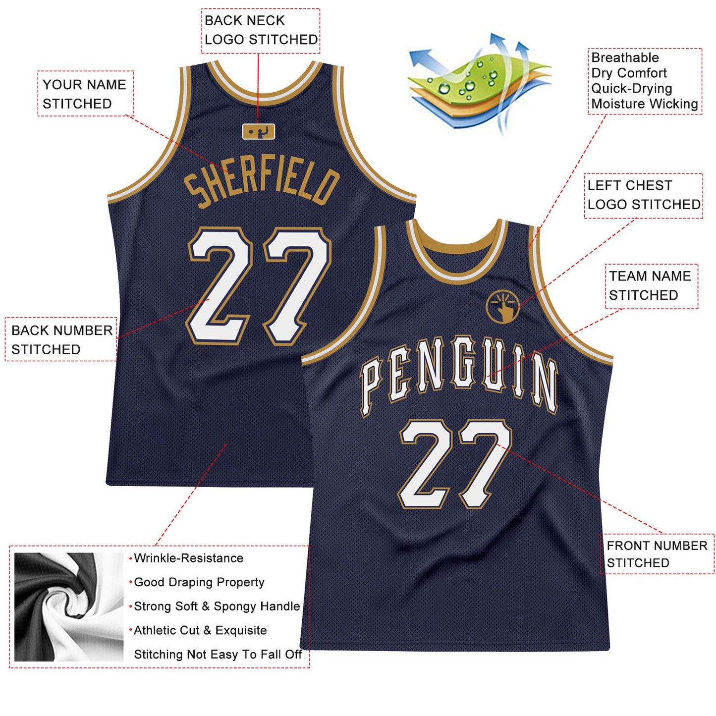 Custom Navy White-Old Gold Authentic Throwback Basketball Jersey view 2