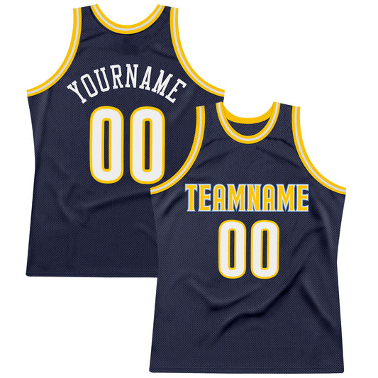 Custom Navy White-Gold Authentic Throwback Basketball Jersey - Main View