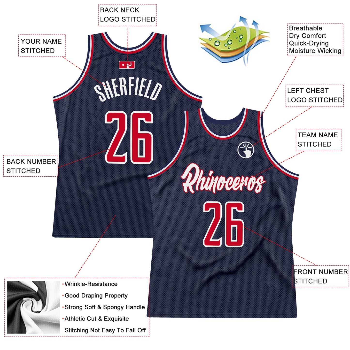 Custom Navy Red-White Authentic Throwback Basketball Jersey view 2