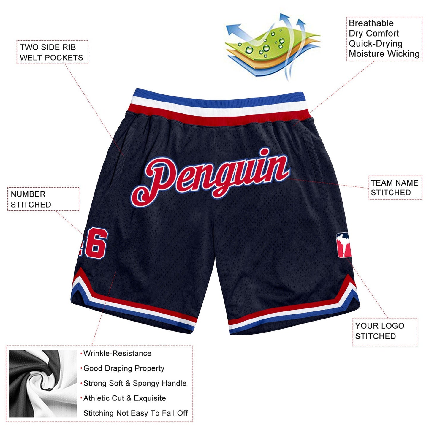 Custom Navy Red-Royal Authentic Throwback Basketball Shorts view 2