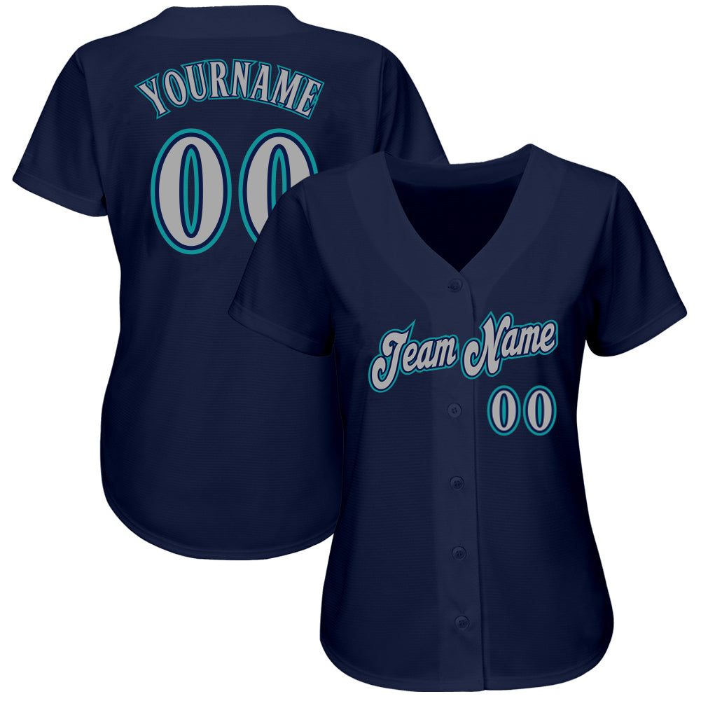 Custom Navy Gray-Teal Authentic Baseball Jersey view 2