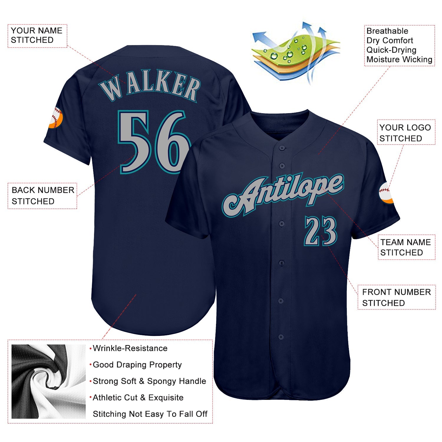 Custom Navy Gray-Teal Authentic Baseball Jersey view 3
