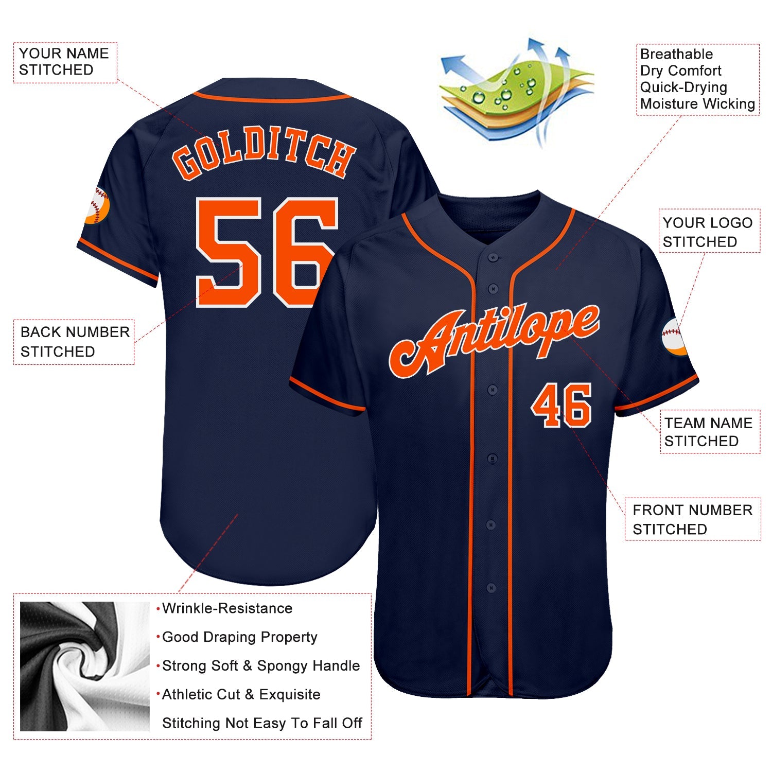 Custom Navy Orange-White Authentic Baseball Jersey view 3