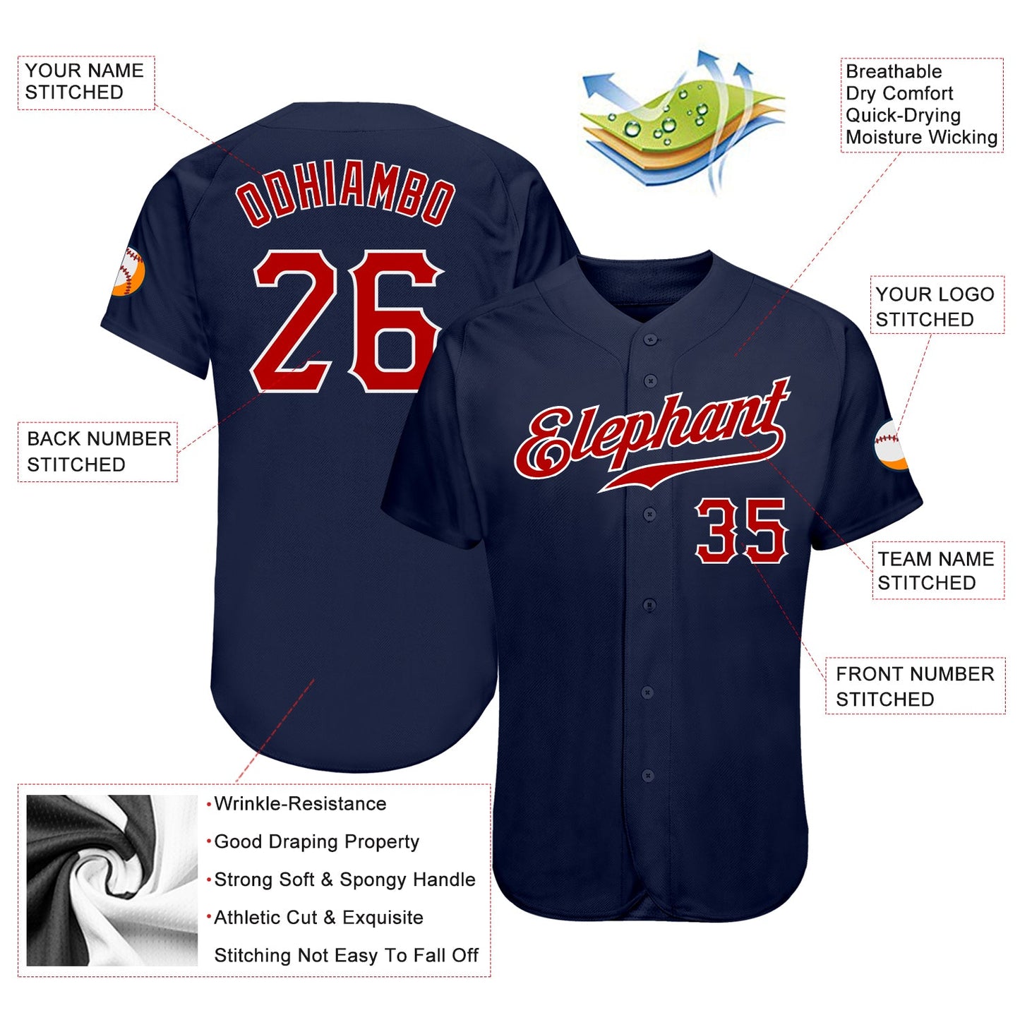 Custom Navy Red-White Authentic Baseball Jersey view 3