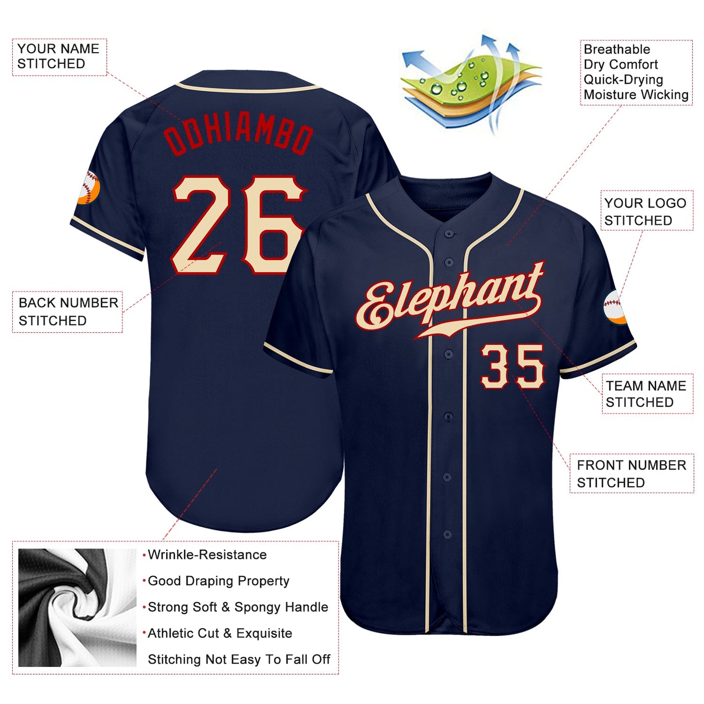 Custom Navy City Cream-Red Authentic Baseball Jersey view 3