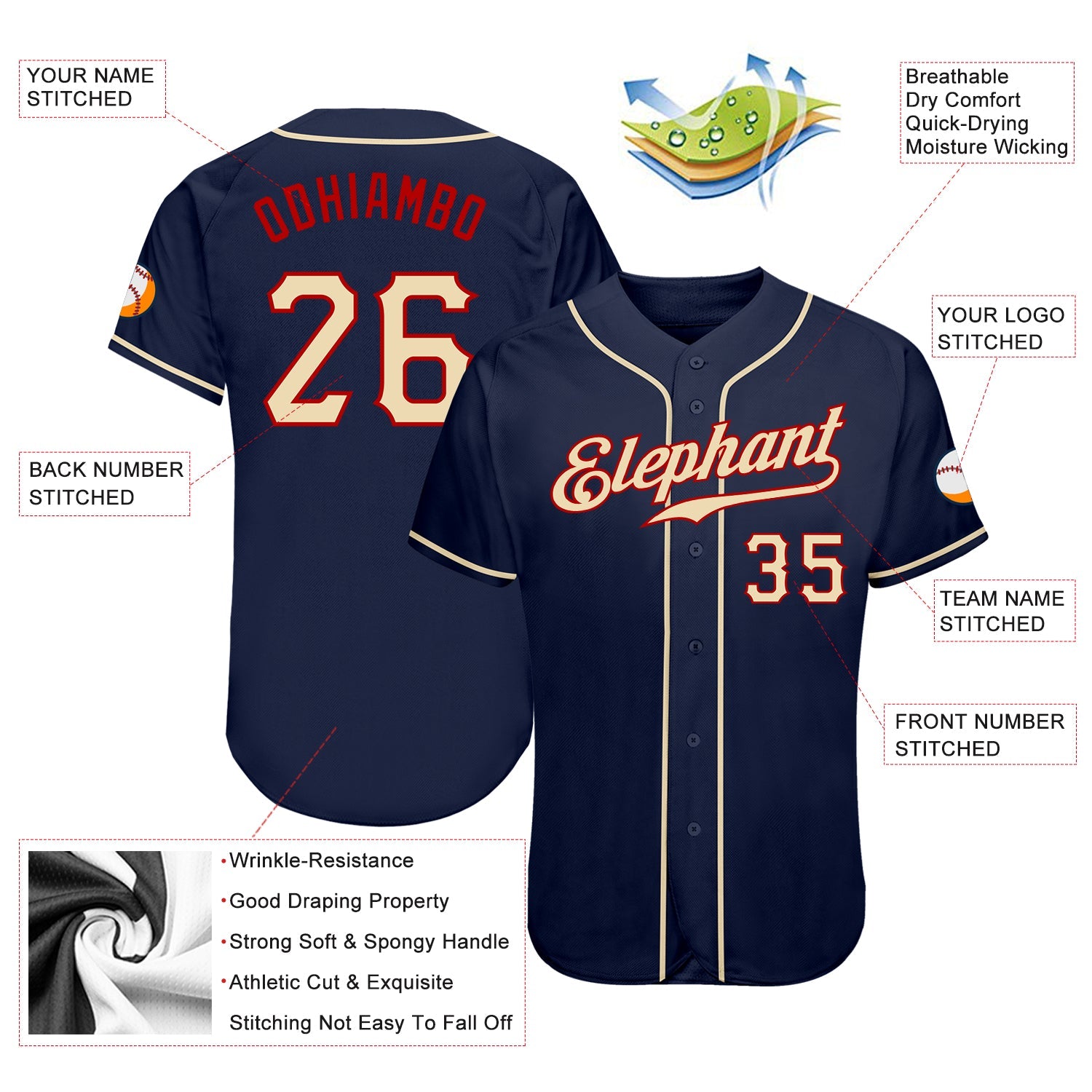 Custom Navy City Cream-Red Authentic Baseball Jersey view 3