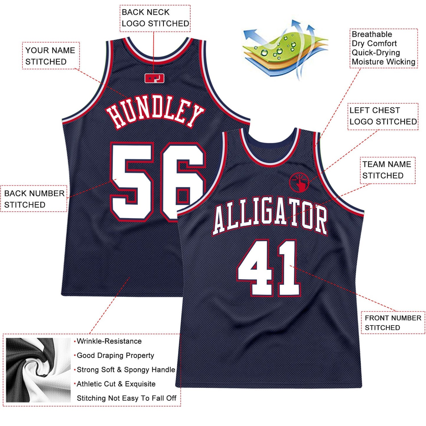 Custom Navy White-Red Authentic Throwback Basketball Jersey view 2