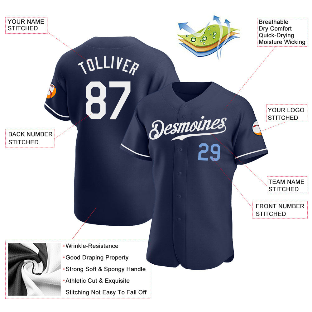 Custom Navy White-Light Blue Authentic Baseball Jersey view 3