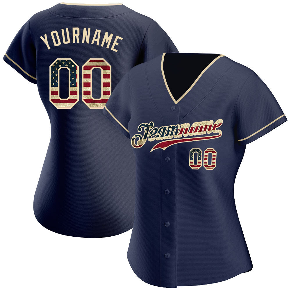 Custom Navy Vintage USA Flag-Cream Authentic Baseball Jersey view 2