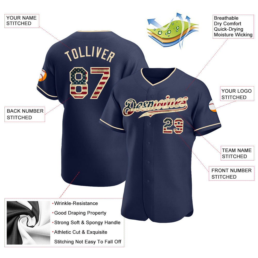 Custom Navy Vintage USA Flag-Cream Authentic Baseball Jersey view 3