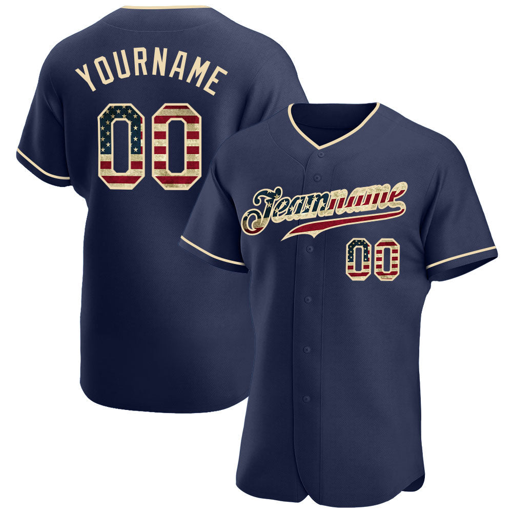 Custom Navy Vintage USA Flag-Cream Authentic Baseball Jersey - Main View