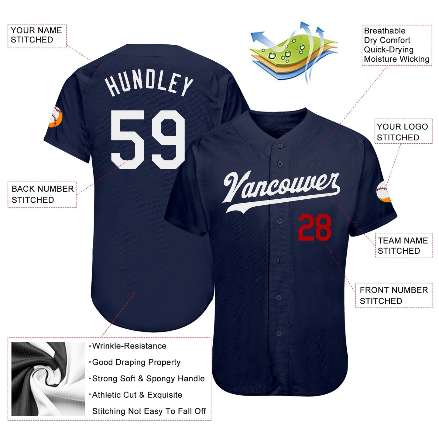 Custom Navy White-Red Authentic Baseball Jersey view 3