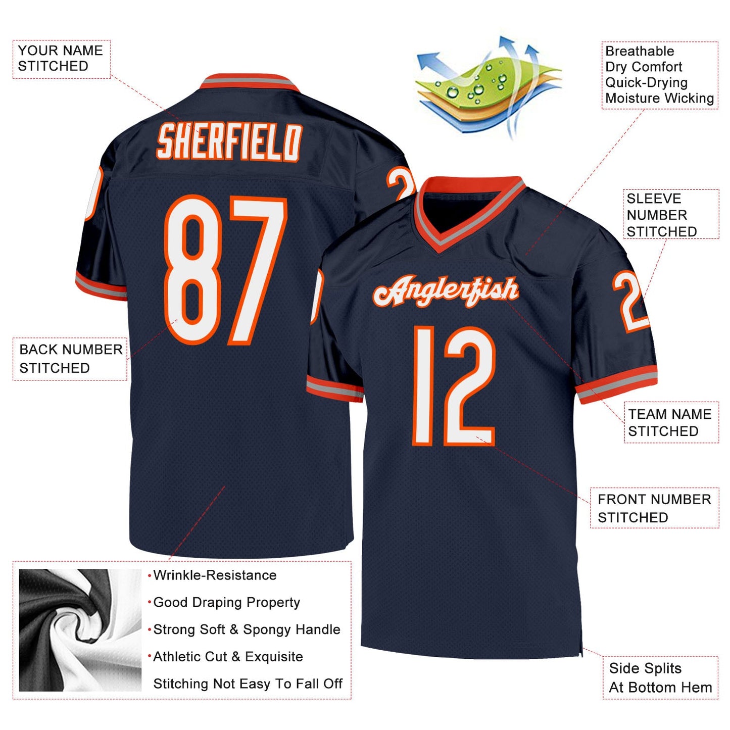 Custom Navy White-Orange Mesh Authentic Throwback Football Jersey view 4