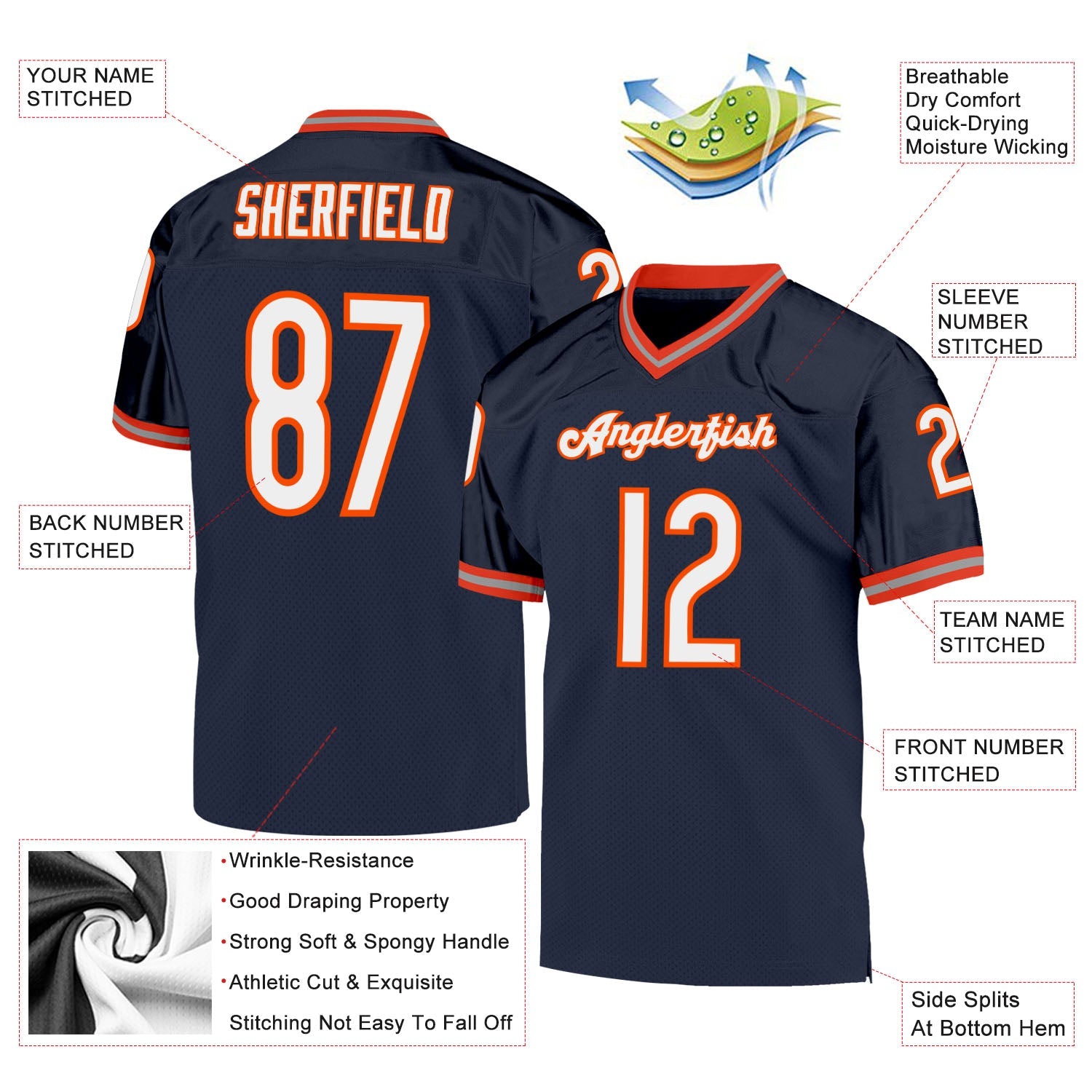 Custom Navy White-Orange Mesh Authentic Throwback Football Jersey view 4