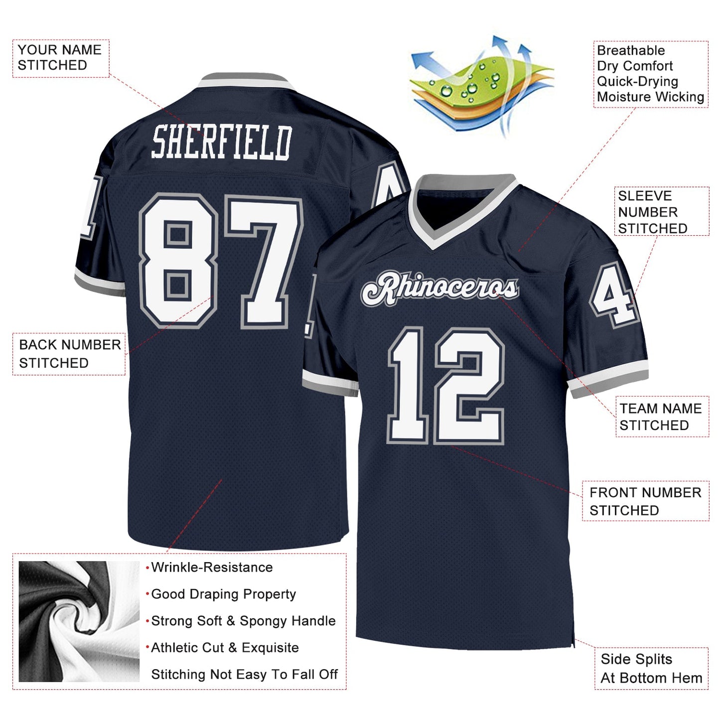 Custom Navy White-Gray Mesh Authentic Throwback Football Jersey view 4