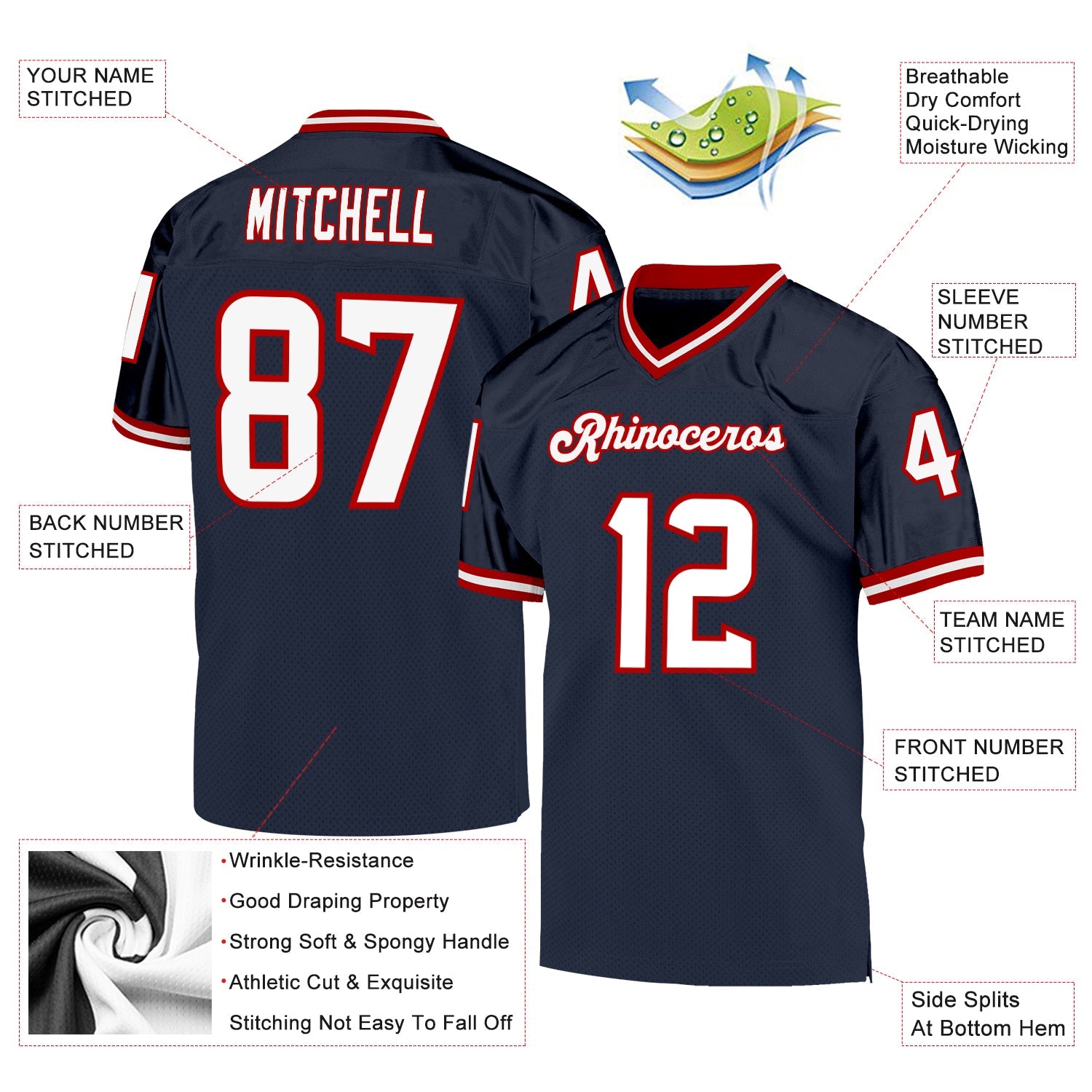 Custom Navy White-Red Mesh Authentic Throwback Football Jersey view 4