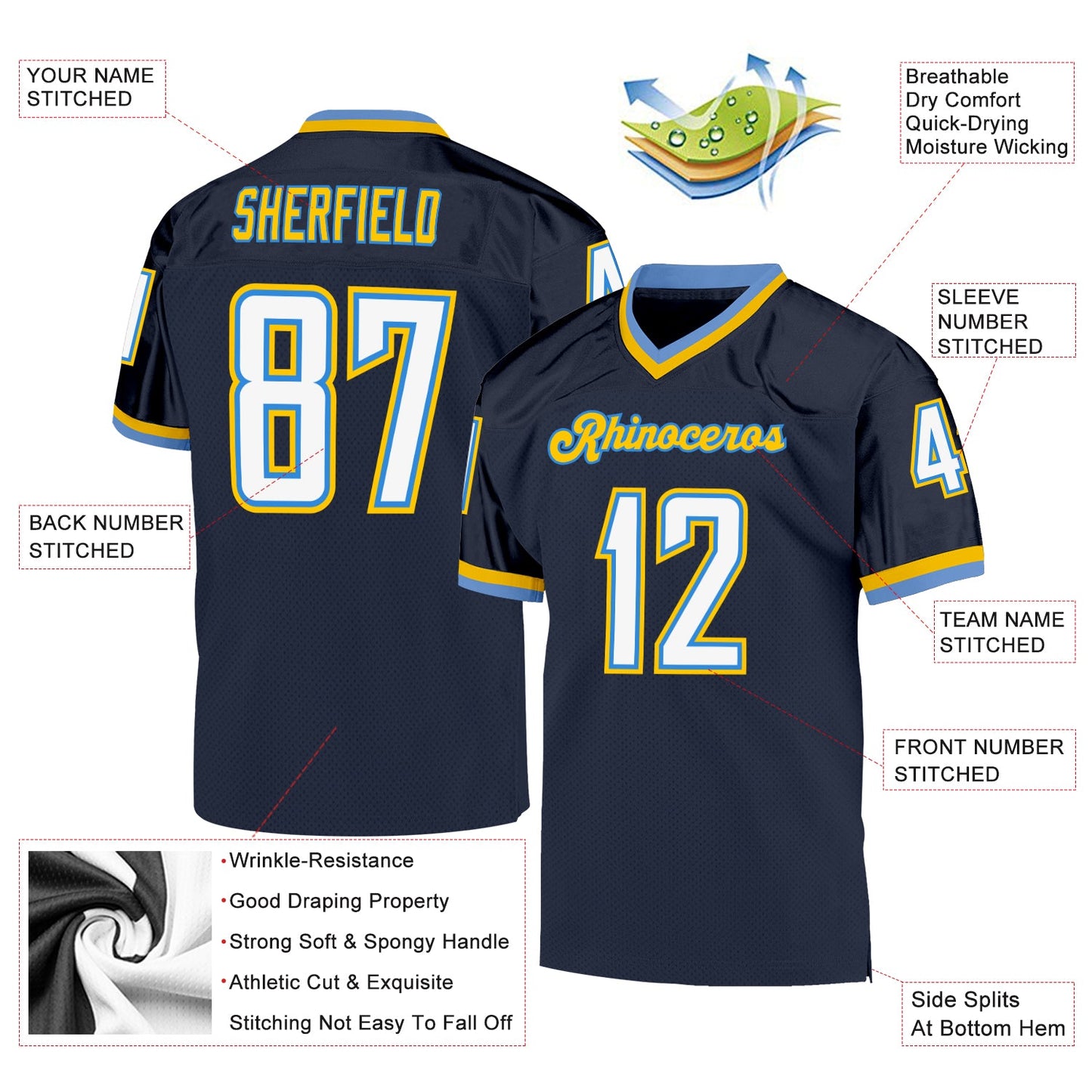 Custom Navy White-Powder Blue Mesh Authentic Throwback Football Jersey view 4