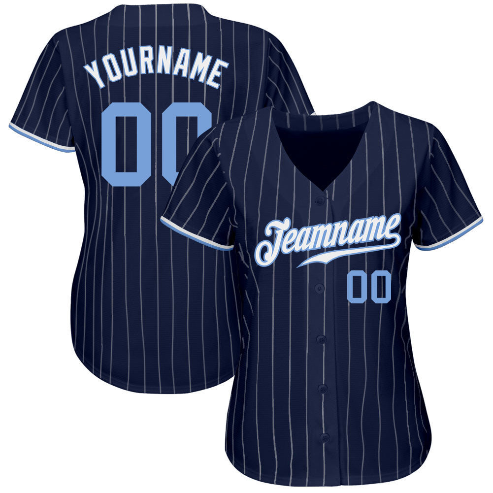 Custom Navy White Pinstripe Light Blue-White Authentic Baseball Jersey view 2