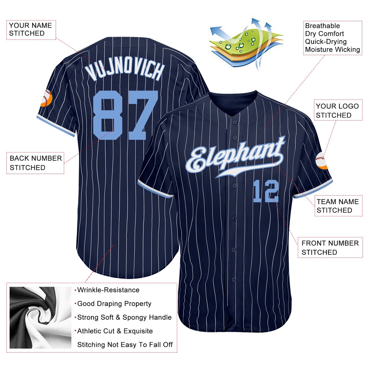 Custom Navy White Pinstripe Light Blue-White Authentic Baseball Jersey view 3