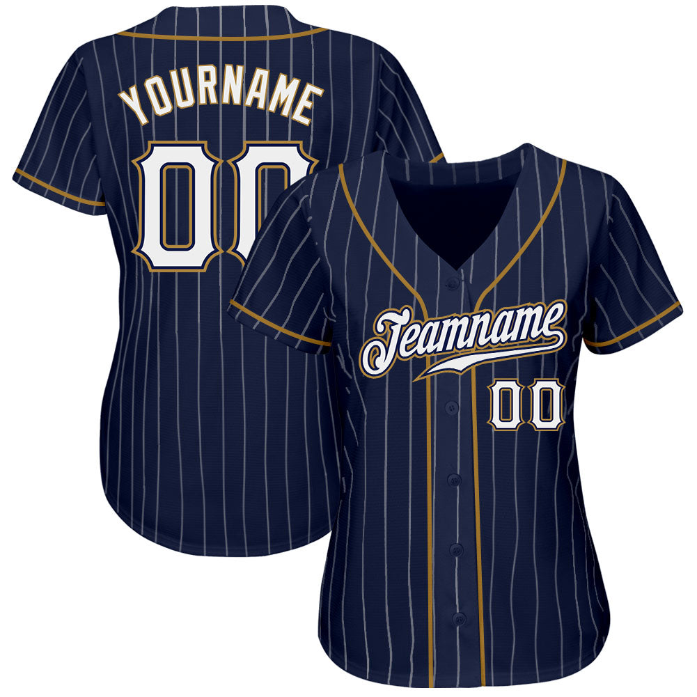 Custom Navy White Pinstripe White-Old Gold Authentic Baseball Jersey view 3