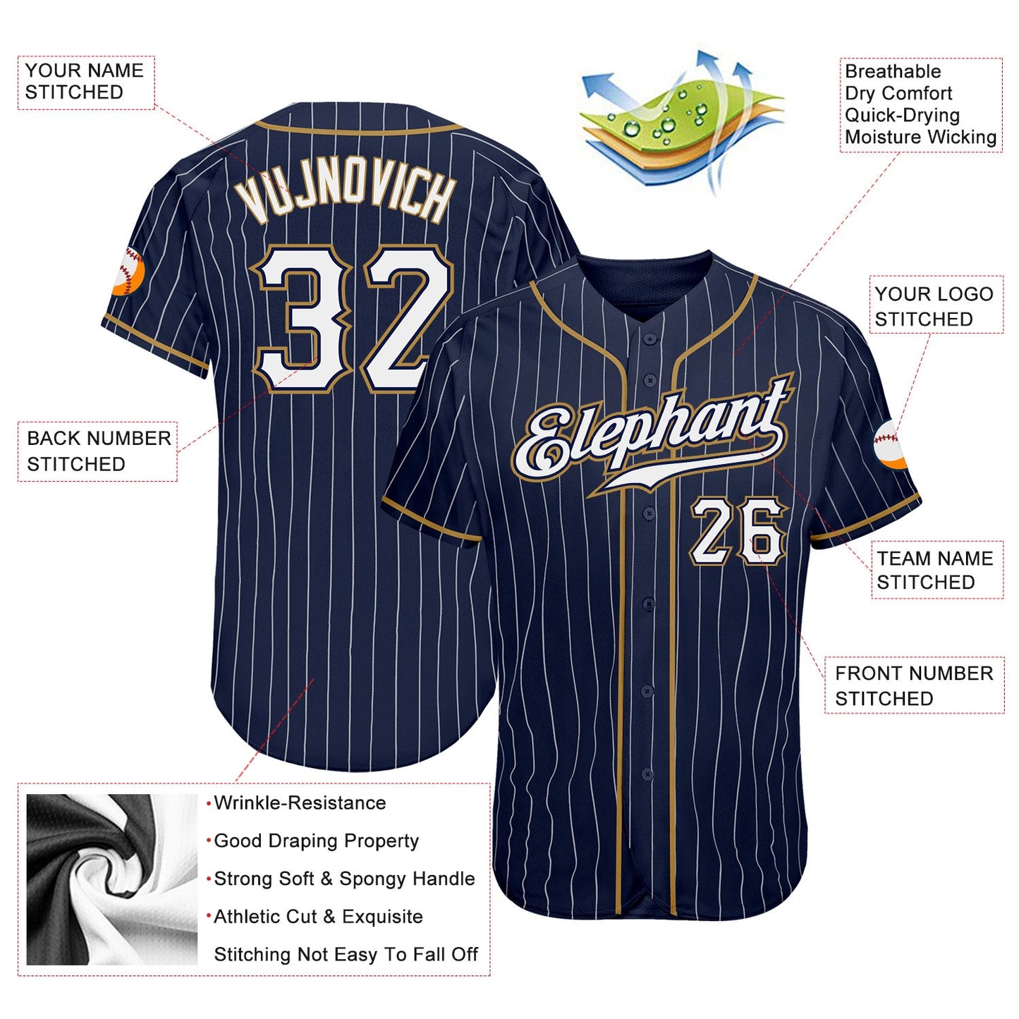Custom Navy White Pinstripe White-Old Gold Authentic Baseball Jersey view 4
