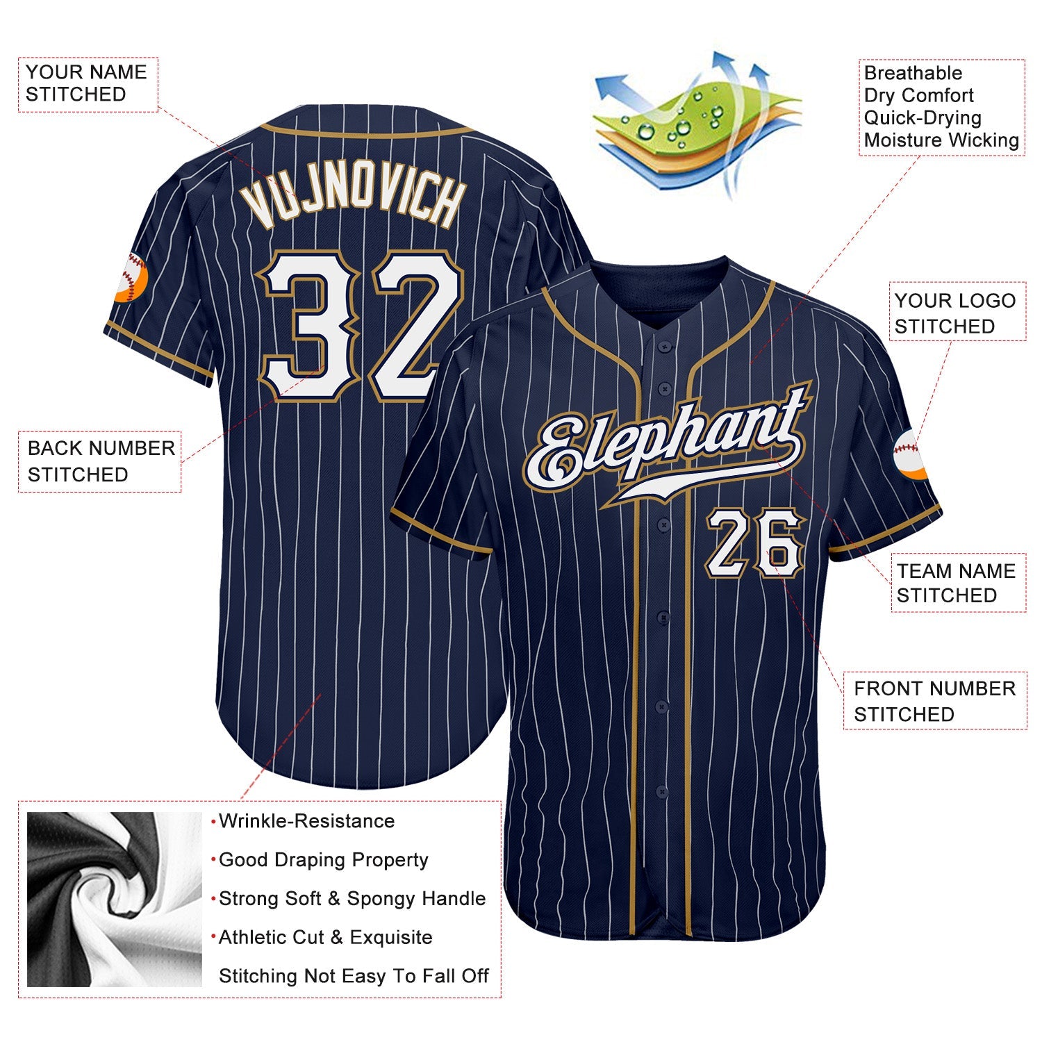 Custom Navy White Pinstripe White-Old Gold Authentic Baseball Jersey view 4