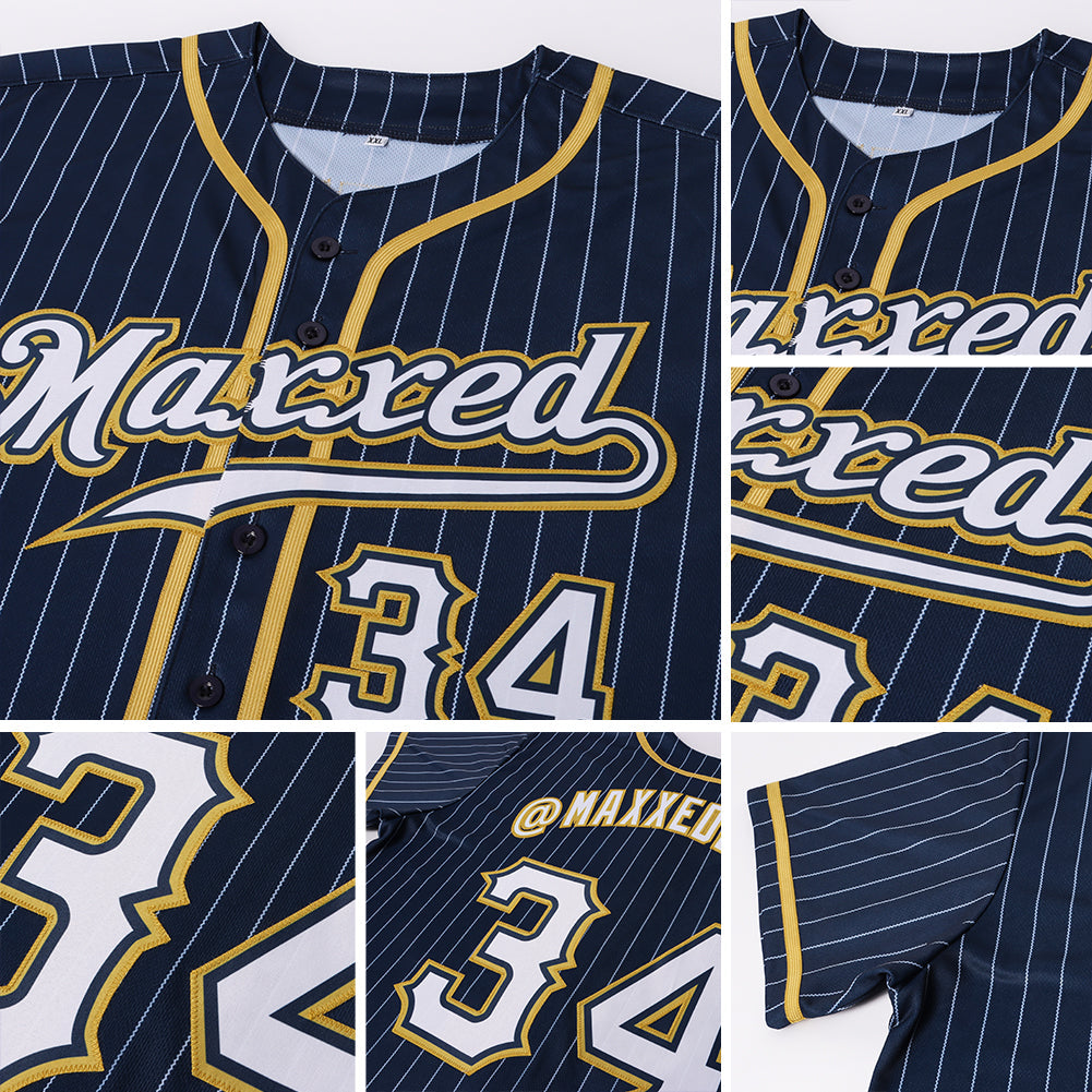 Custom Navy White Pinstripe White-Old Gold Authentic Baseball Jersey view 2