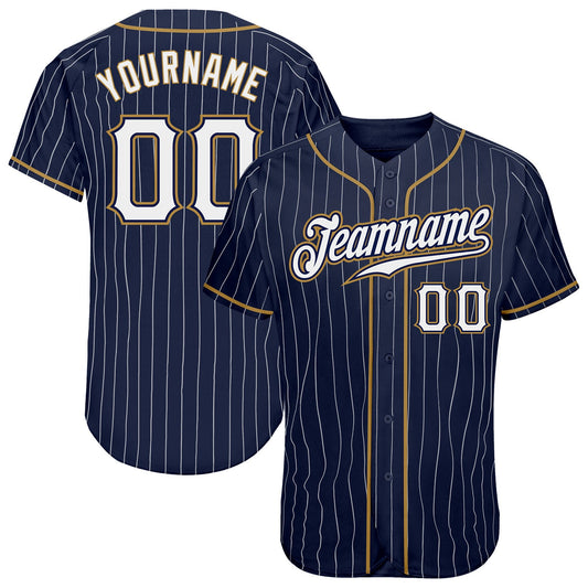 Custom Navy White Pinstripe White-Old Gold Authentic Baseball Jersey - Main View
