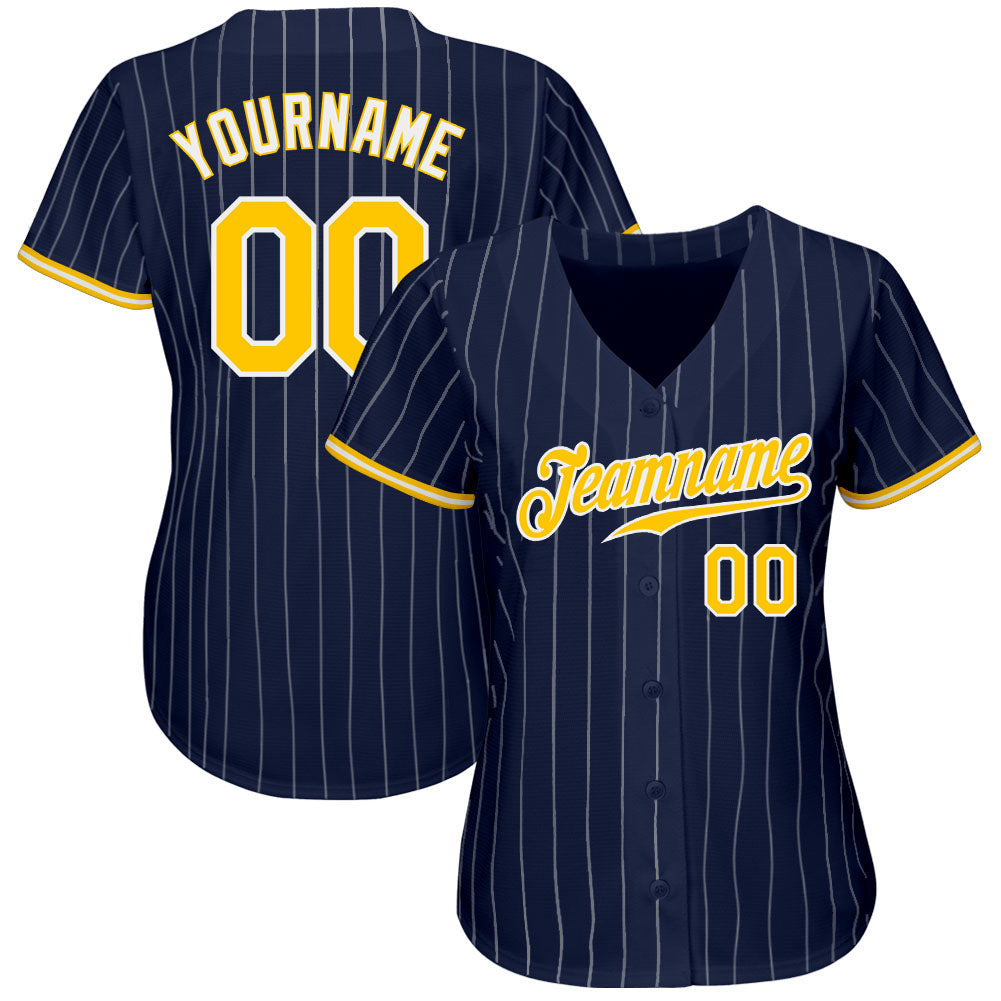 Custom Navy White Pinstripe Gold-White Authentic Baseball Jersey view 2