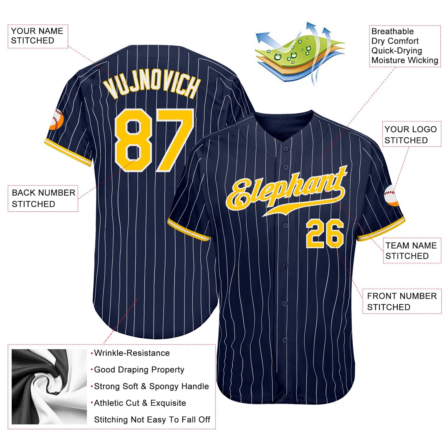 Custom Navy White Pinstripe Gold-White Authentic Baseball Jersey view 3