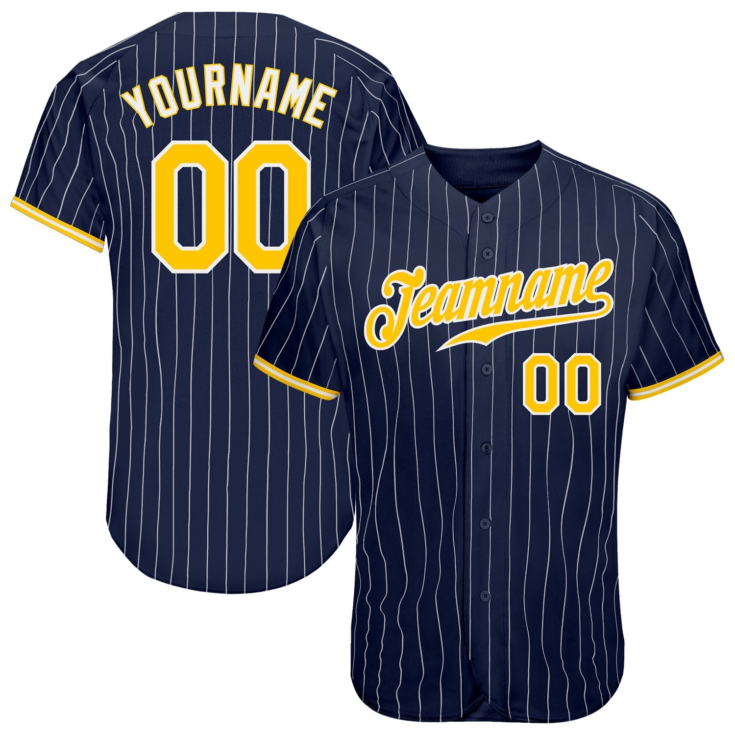 Custom Navy White Pinstripe Gold-White Authentic Baseball Jersey - Main View