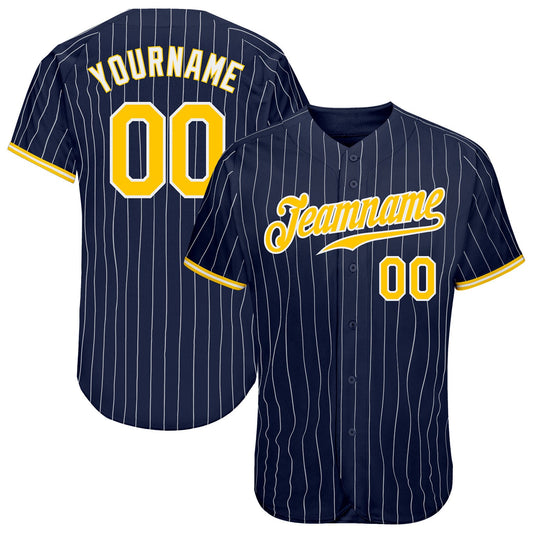 Custom Navy White Pinstripe Gold-White Authentic Baseball Jersey - Main View