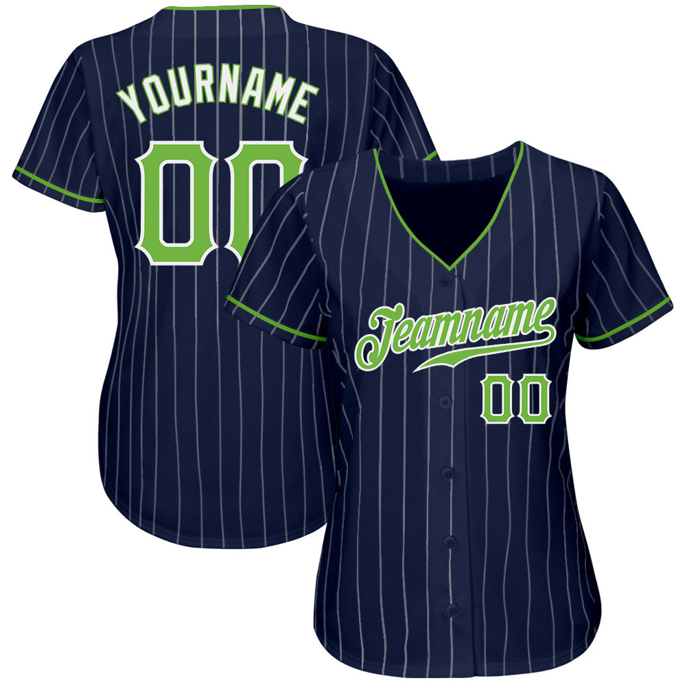 Custom Navy White Pinstripe Neon Green-White Authentic Baseball Jersey view 2