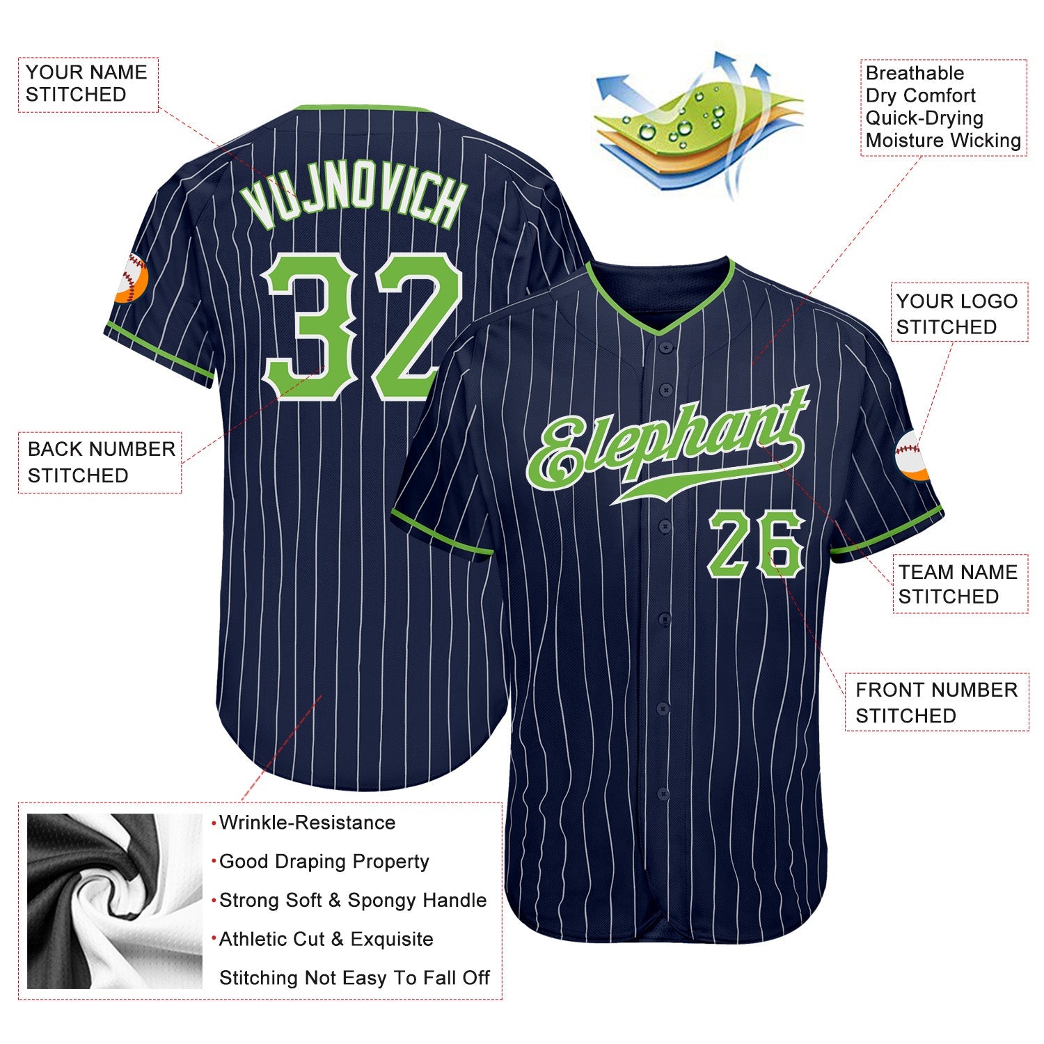 Custom Navy White Pinstripe Neon Green-White Authentic Baseball Jersey view 3