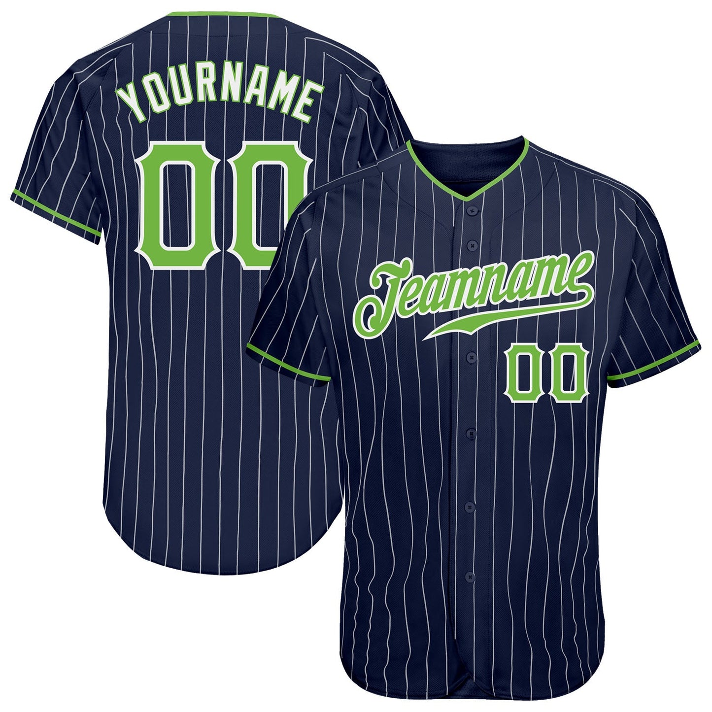 Custom Navy White Pinstripe Neon Green-White Authentic Baseball Jersey - Main View