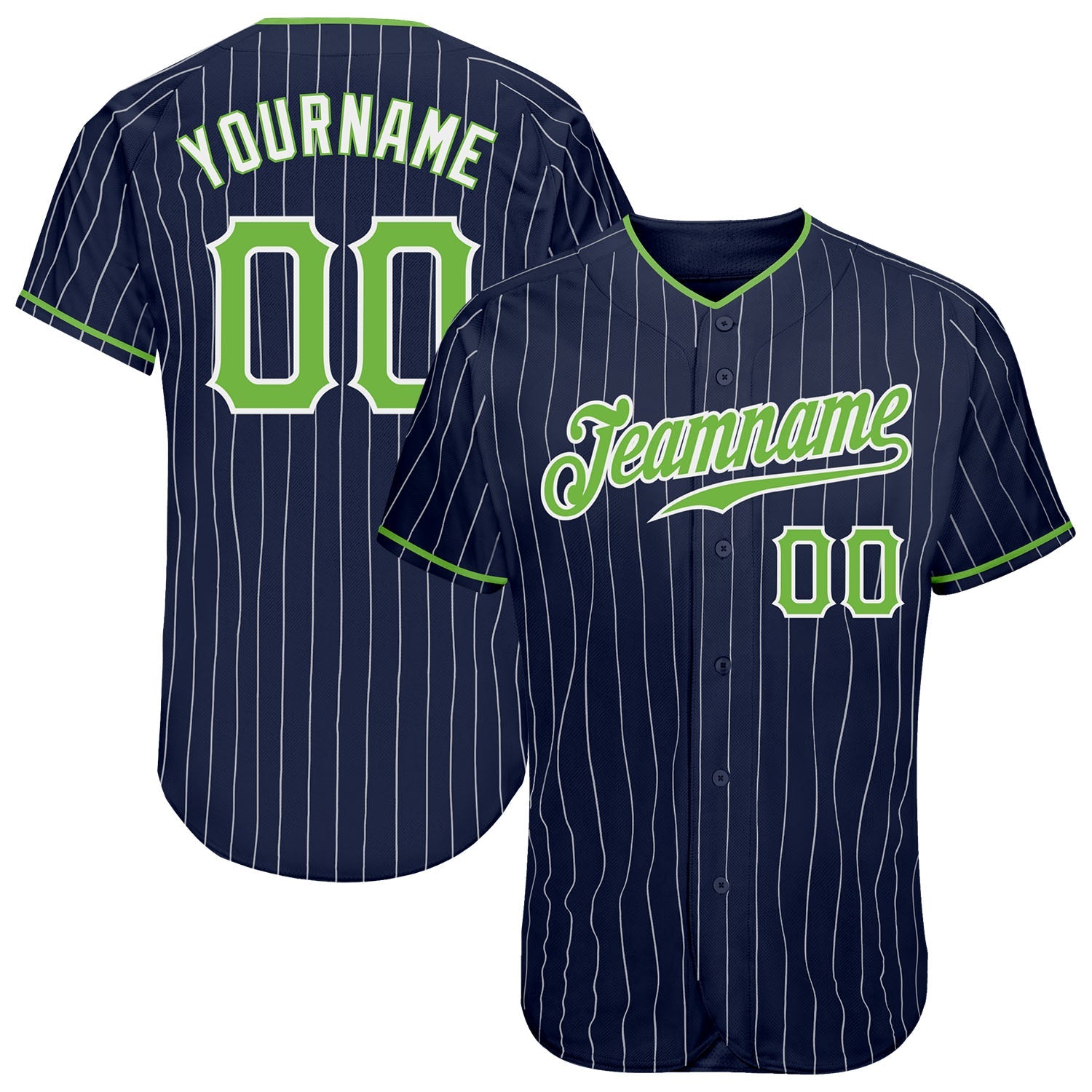 Custom Navy White Pinstripe Neon Green-White Authentic Baseball Jersey - Main View