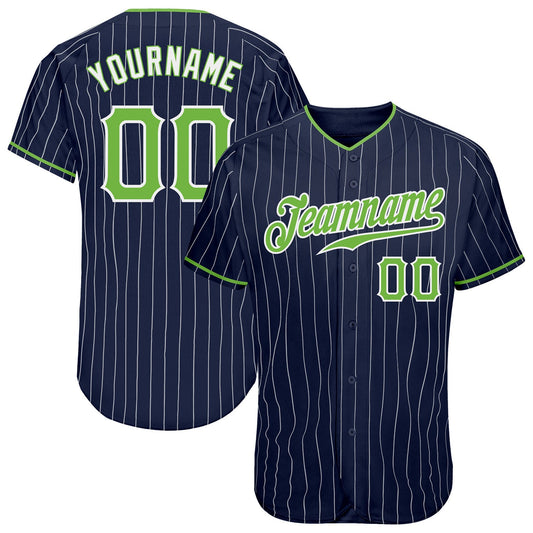 Custom Navy White Pinstripe Neon Green-White Authentic Baseball Jersey - Main View