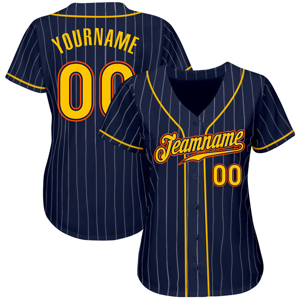 Custom Navy White Pinstripe Gold-Orange Authentic Baseball Jersey view 2