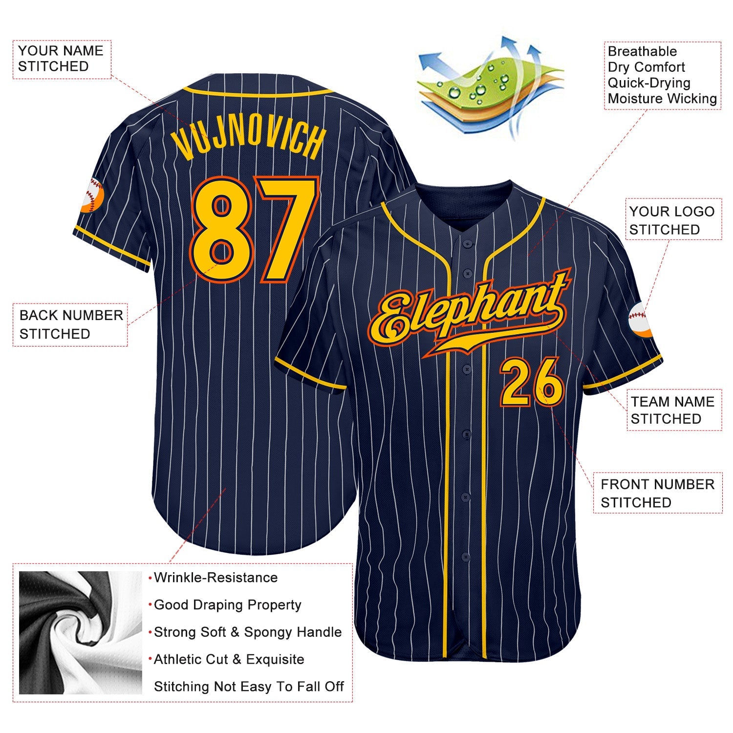 Custom Navy White Pinstripe Gold-Orange Authentic Baseball Jersey view 3