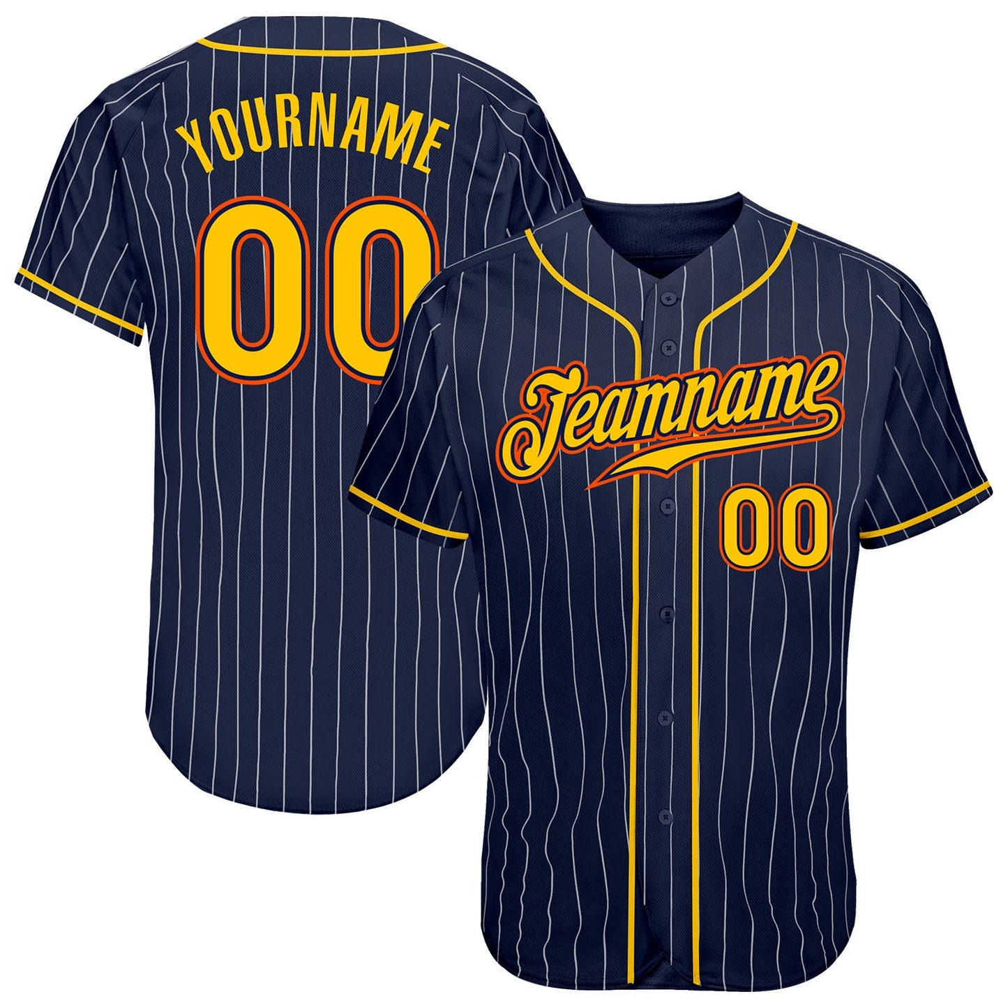 Custom Navy White Pinstripe Gold-Orange Authentic Baseball Jersey - Main View
