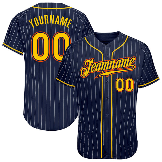 Custom Navy White Pinstripe Gold-Orange Authentic Baseball Jersey - Main View