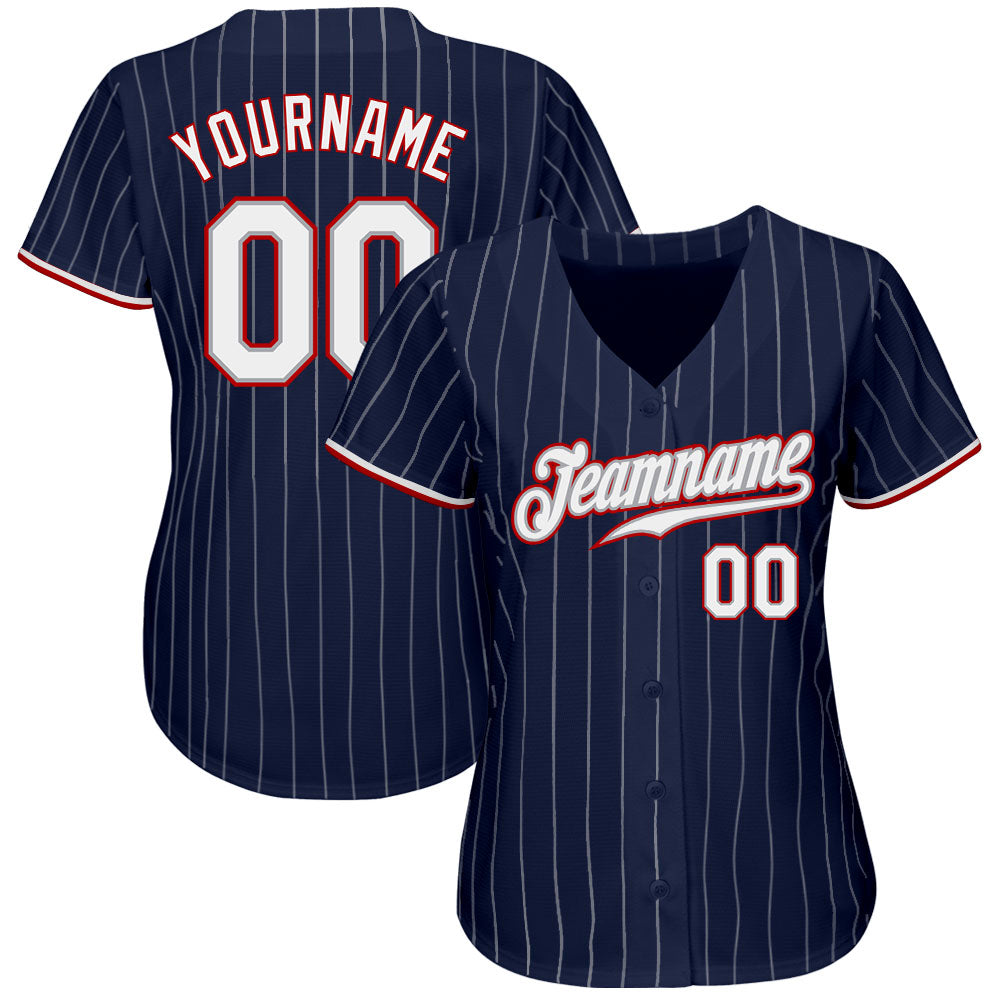 Custom Navy White Pinstripe White-Red Authentic Baseball Jersey view 3