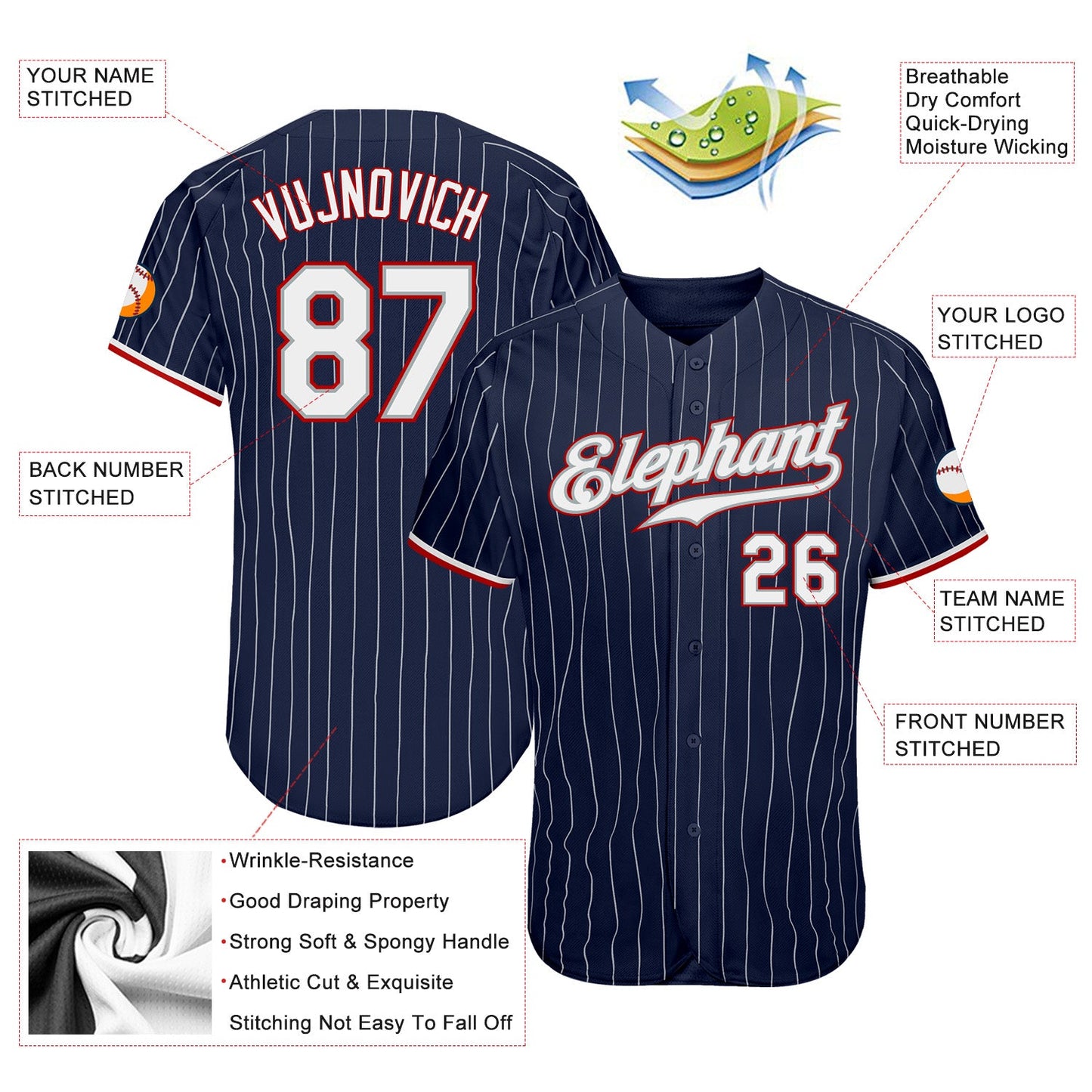 Custom Navy White Pinstripe White-Red Authentic Baseball Jersey view 4