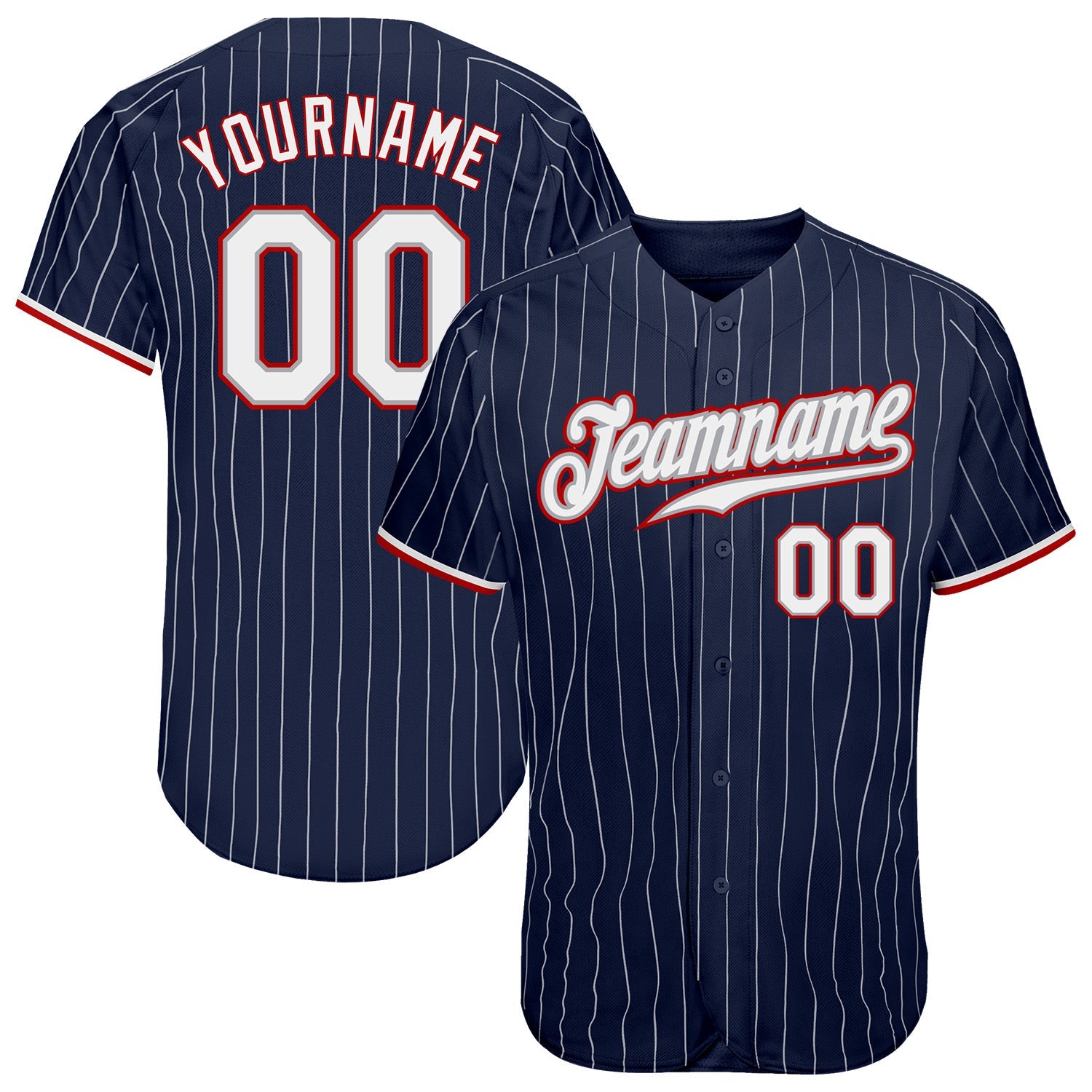 Custom Navy White Pinstripe White-Red Authentic Baseball Jersey - Main View
