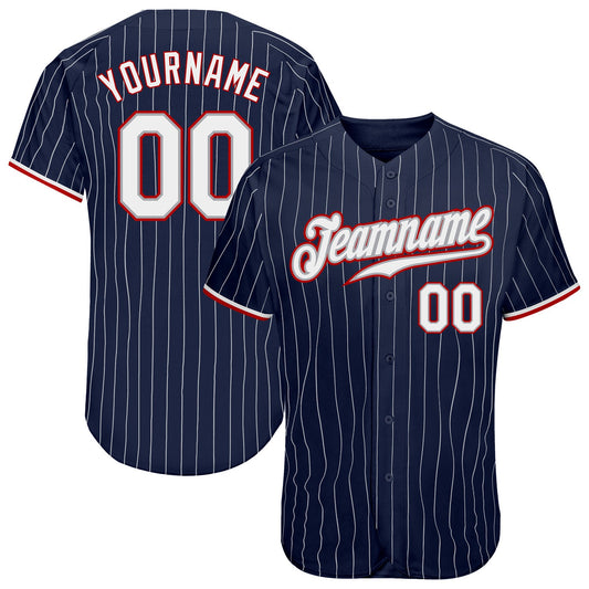 Custom Navy White Pinstripe White-Red Authentic Baseball Jersey - Main View