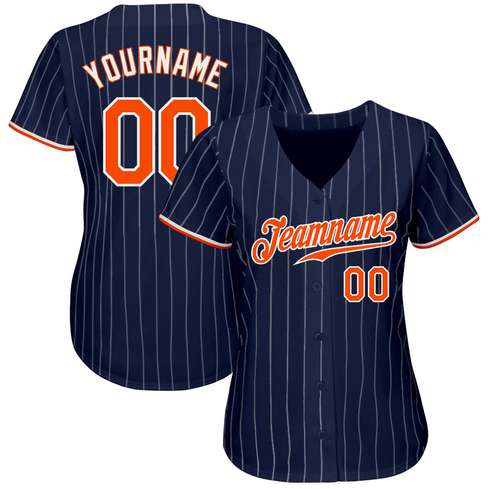 Custom Navy White Pinstripe Orange-White Authentic Baseball Jersey view 2