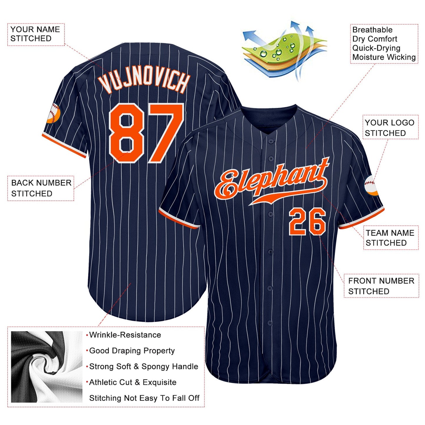 Custom Navy White Pinstripe Orange-White Authentic Baseball Jersey view 3